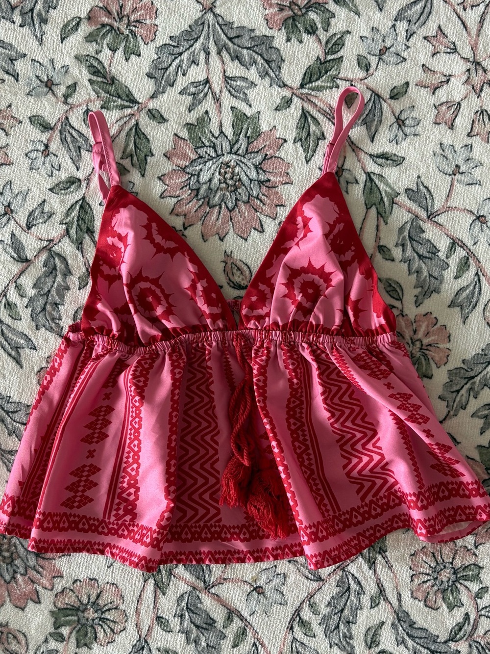 Pink and Red Patterned Satin Cami Top